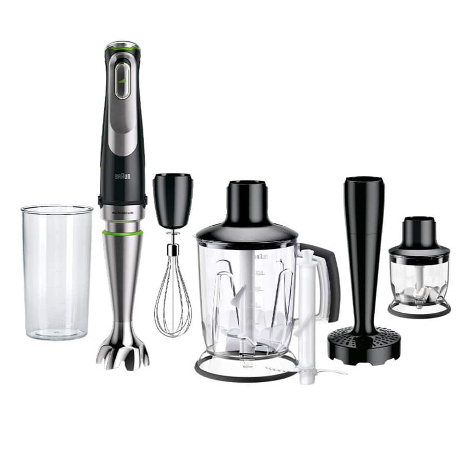 Batidora de mano - Braun Minipimer MultiQuick 9 MQ9147X, 1200W, 0.6 l, Active PowerDrive, EasyClick Plus, 3 Velocidades, 5 Accesorios + Picadora, Inox