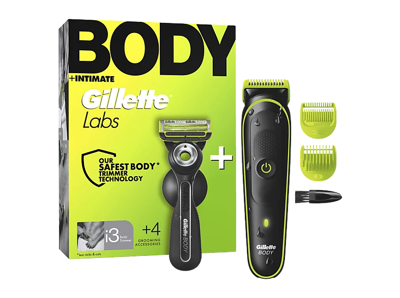 Afeitadora corporal - Gillette Labs i3 Body + Intimate, Tecnología Skinfirst, Wet&Dry, 2 peines, Pack con maquinilla de afeitar GilletteLabs