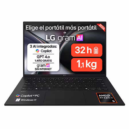 Portátil 14 " LG gram 14Z95U, Windows 11 Home, Ryzen AI 5 435, 16 GB RAM, 512 GB SSD, AMD Radeon™ Graphics, Pantalla IPS (1920*1200), ligero, 1,120 g, 32 horas, AI, Negro carbón - 14Z95U-G.AS55BN | LG ES
