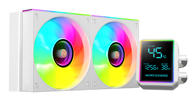 SISTEMA DE REFRIGERACION LIQUIDA MARS GAMING MLLCDPRO240W 2X120mm ARGB 500W TDP PANTALLA LCD BLANC