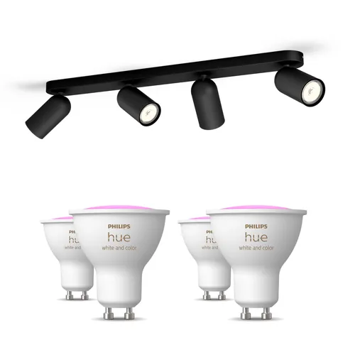 Philips Hue Pack: X4 Focos Philips Pongee (negro) + 4 Bombillas Gu10 Rgb
