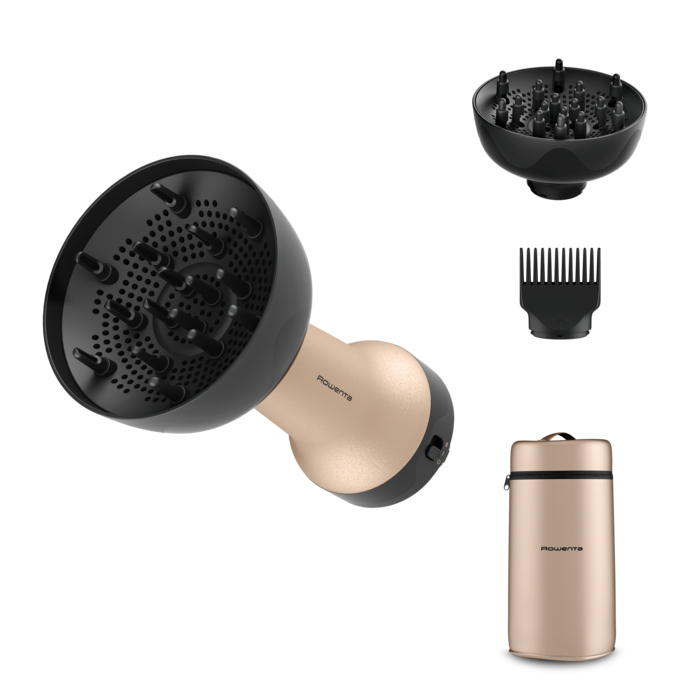 Secador - Rowenta Curl Harmony, Difusor de aire caliente, 3 en 1, 2 velocidades/temperaturas, 700W, Diseño ergonómico, accesorios, Neceser, Dorado