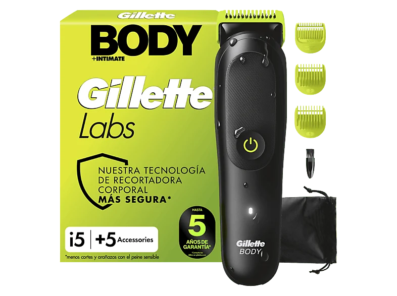 Afeitadora corporal - Gillette Labs i5 Body + Intimate, Recortadora para hombres, Tecnología SkinFirst, Wet&Dry, 3 peines