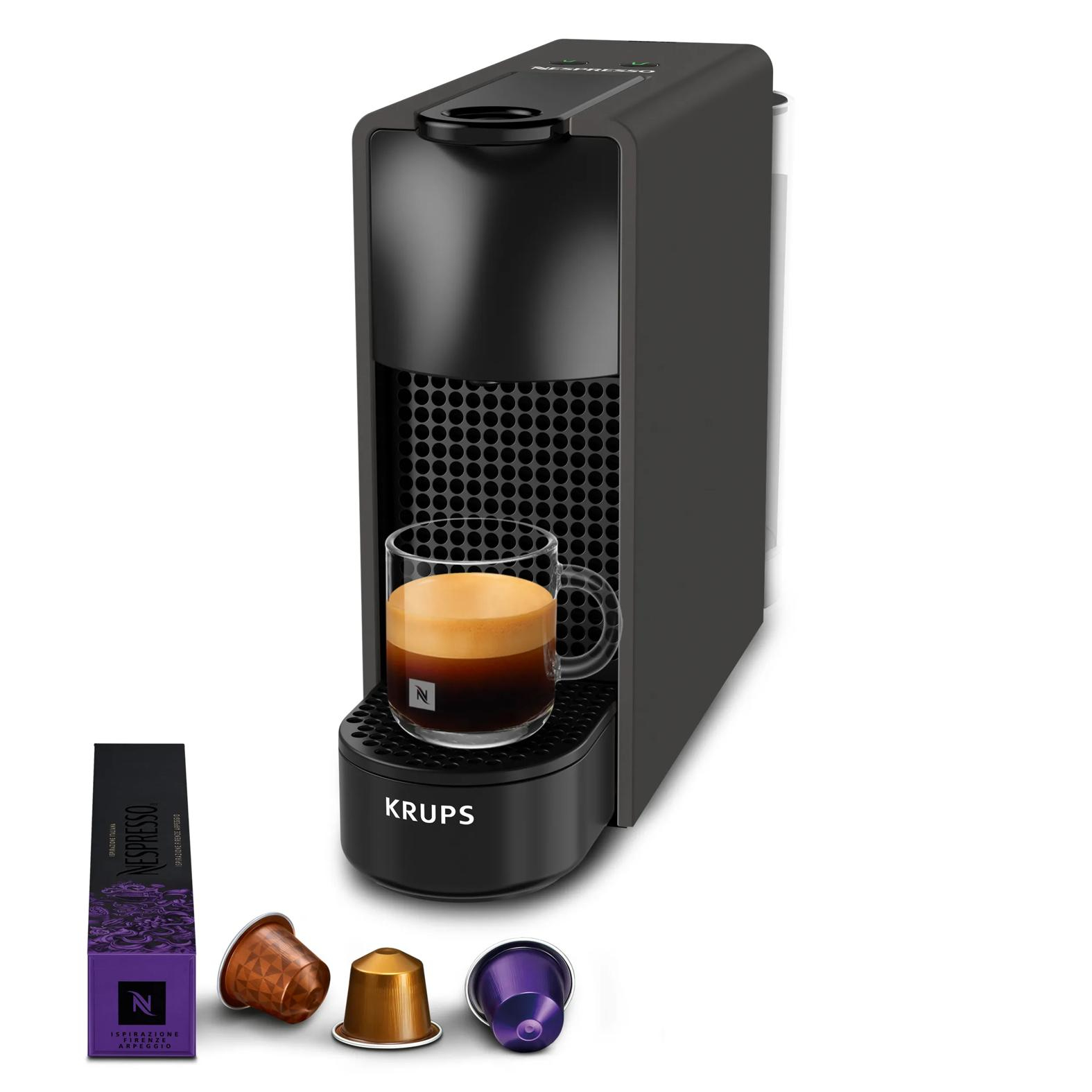 Cafetera de cápsulas - Nespresso® Krups Essenza Mini XN110, 19 bar, 0.6 l, 1260 W, Calentamiento rápido, Apagado automático, Negro mate