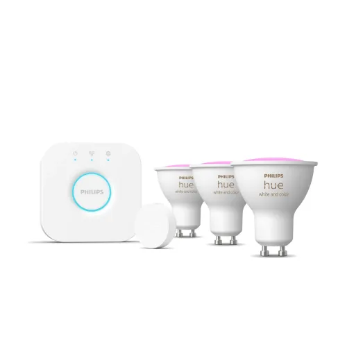 Philips Hue White & Color Ambiance Kit De Inicio: 3 Focos Inteligentes Gu10 + Botón Inteligente