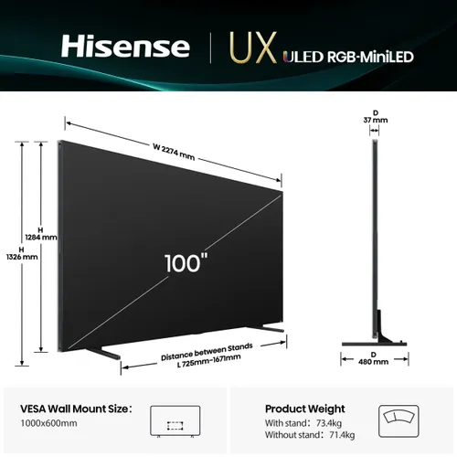 Hisense - TV RGB Mini LED 253cm (100") Hisense 100UXQ, UHD 4K, Smart TV con IA.: imagen 2