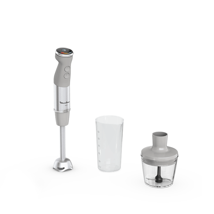 Moulinex Quickchef+, Batidora de mano, 20 velocidades, Vase medidor y vaso picador, Modo silencioso, Cuchillas con tecnología Powelix, Gris