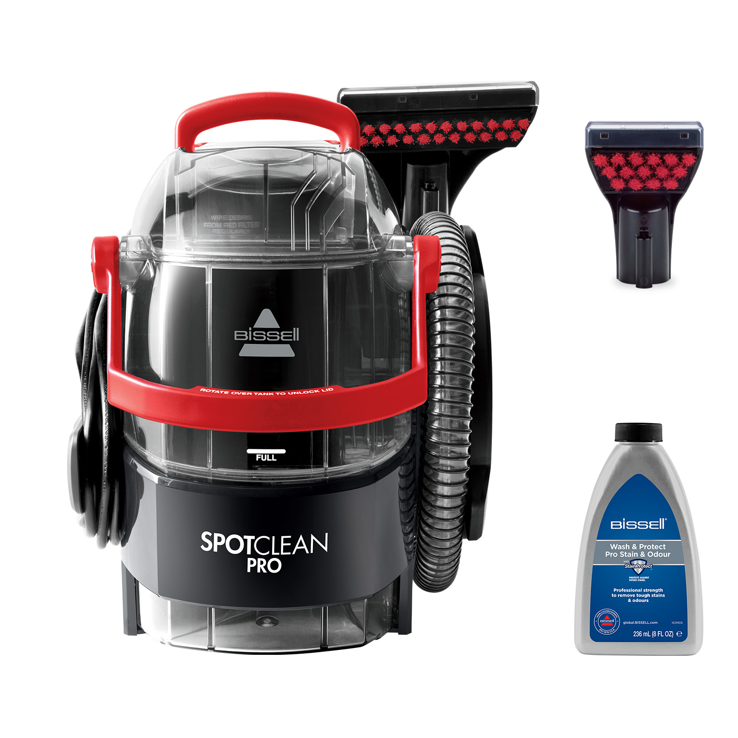 Aspirador sin bolsa - Bissell SpotClean Pro, 750 W, 2.8 l, Limpieza manchas profesional, Negro y Rojo