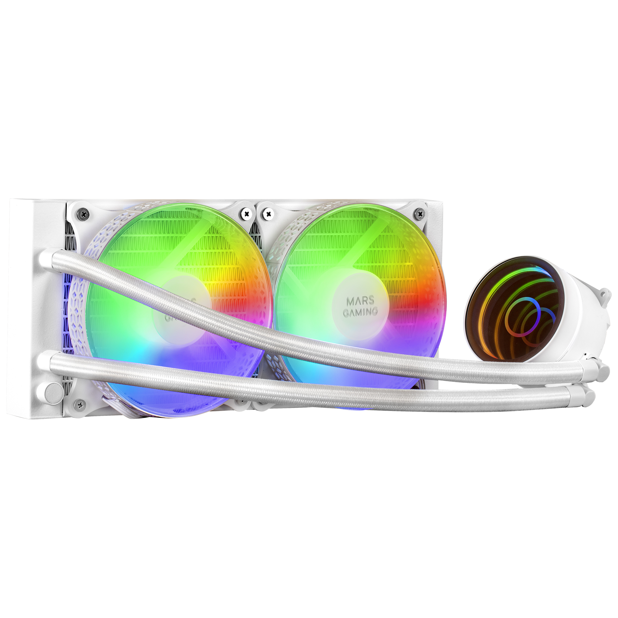 SISTEMA DE REFRIGERACION LIQUIDA MARS GAMING ML-ONE240 WHITE 2x (12x12) ILUMINACION FRGB TPD 400W PARA PROCESADORES INTEL Y AMD