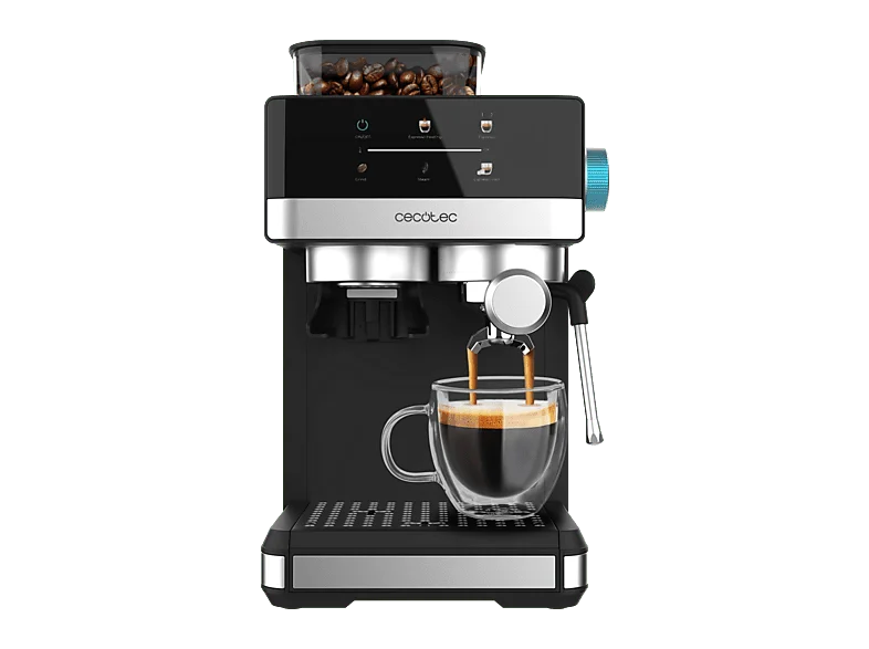 Cafetera express - Cecotec Power Espresso 20 Grind, bar, 1350W, 1.7 l, 2 tazas, Molienda ajustable, Thermoblock, Pantalla táctil, Negro