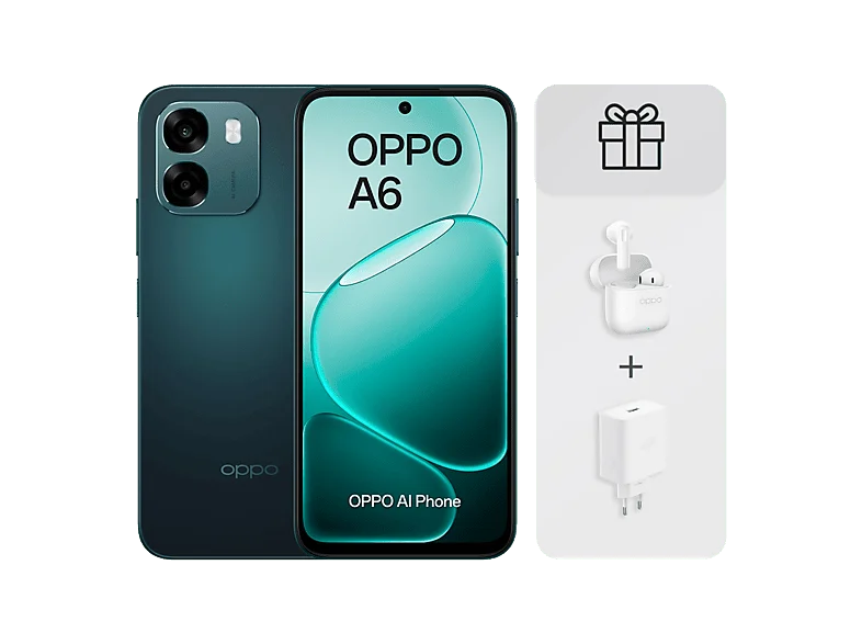 OPPO Bundle A6 4G, Sapphire Black, 256 GB, 6 GB RAM, 6.75" LCD, Qualcomm Snapdragon®685 (6nm), 6.500mAh, Incluye Cargador 45W y Auriculares