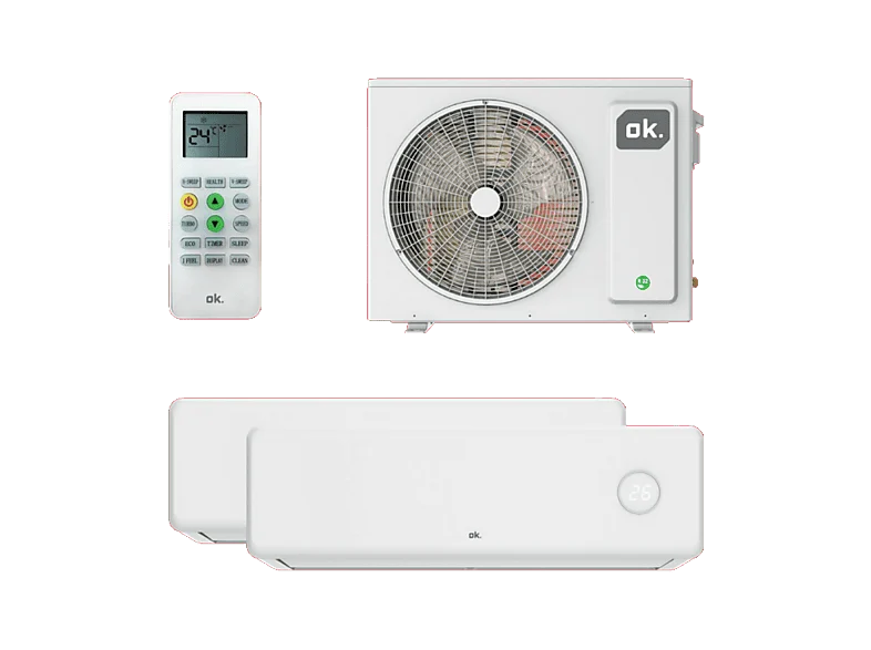 Aire acondicionado Split 2 x 1 - ok. OAC 140226 ES SET, de 2600 fg/h + 3500 fg/h, Inverter, Temporizador 24h, Auto-Limpieza, Blanco