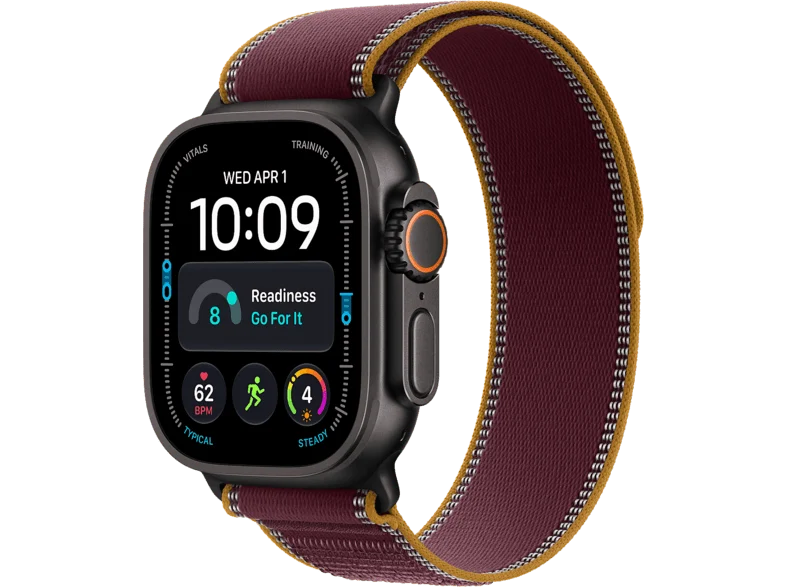 Apple Watch Ultra 4 (2026), GPS+CEL, 49mm, Caja de titanio Negro, Correa Trail Loop Burdeos, Talla M/L, Siri AI