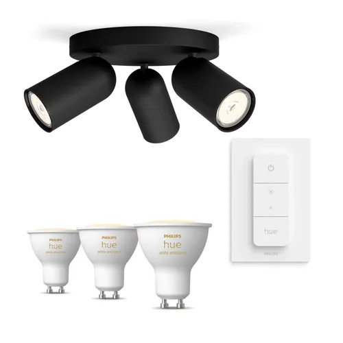 Philips Hue Pack: X3 Focos Philips Pongee (negro) + 3 Bombillas Gu10 Blanco Regulable
