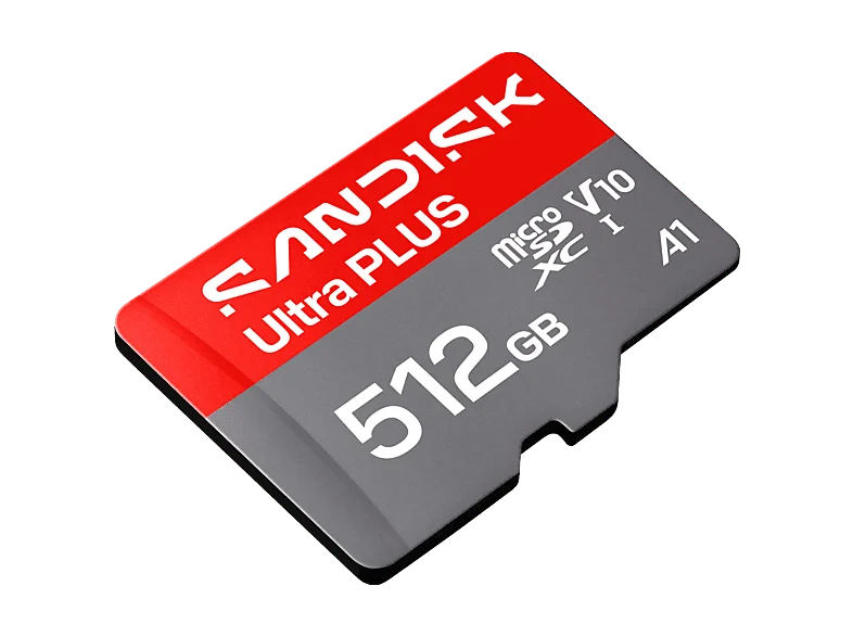 Tarjeta Micro SD - SANDISK Ultra PLUS, 512 GB, Hasta 200 MB/s, UHS-I, V10, A1, C10, Adaptador SD, Full HD, Gris