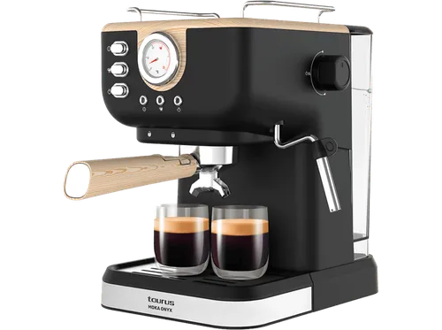 Cafetera express - Taurus Moka Onyx, 20 Bar, 1050 W, 1.5 l, Portacacillos tipo barista con 2 filtros, Depósito extraíble, Regulador de vapor, Negro