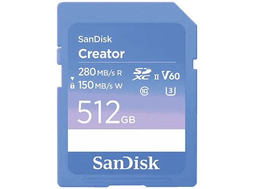 Tarjeta SDXC - Sandisk Creator SD USH-II, 512GB, Hasta 280 MB/s de lectura, Vídeos 6K, Para DSLR, V60, U3, Azul