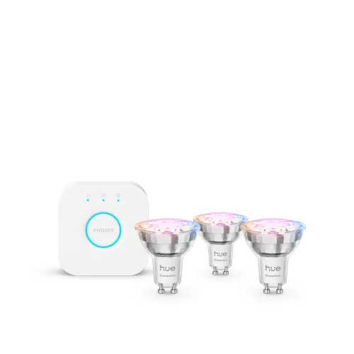 Bombilla Inteligente - Hue Essentials Kit Bombillas LED GU10, 806 Lm, RGB, Compatible Con Alexa, Google, AppleHomekit, 3 bombillas+Hue Bridge