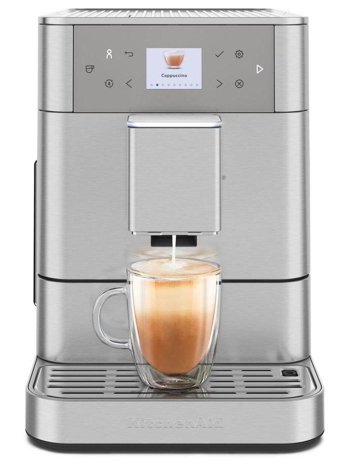 Cafetera express - KitchenAid 5KES8556ESX, 15 bar, 1450W, 2 Tazas, Pantalla a color de 6cm, Depósito 2.2L, Limpieza Automática, Acero inoxidable