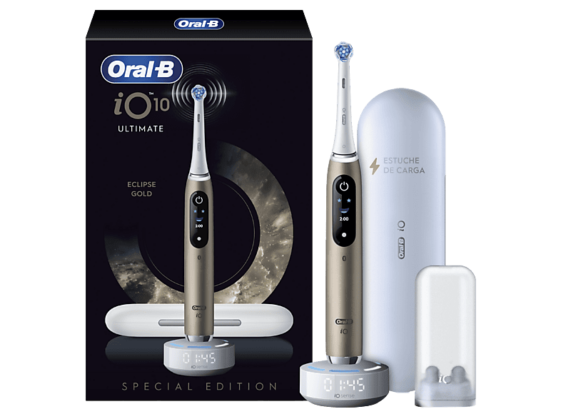 Cepillo eléctrico - Oral-B iO 10 Ultimate, Guía tiempo real 3D con app, 7 Modos, Sensor de presión, 1 Cabezal, Estuche viaje carga, Eclipse Gold