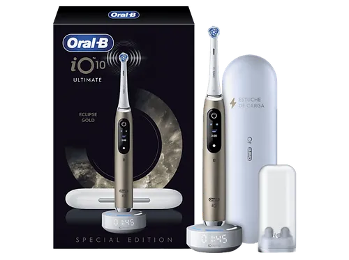 Cepillo eléctrico - Oral-B iO 10 Ultimate, Guía tiempo real 3D con app, 7 Modos, Sensor de presión, 1 Cabezal, Estuche viaje carga, Eclipse Gold