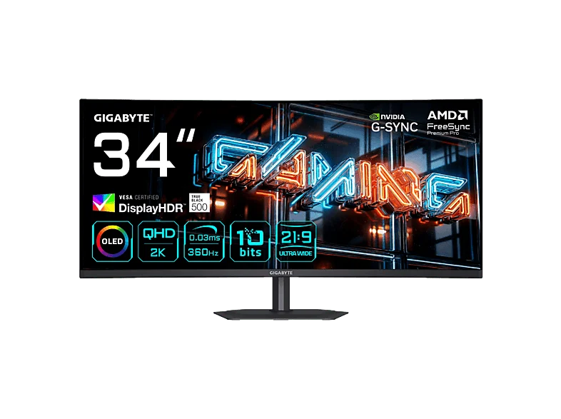 MONITOR GIGABYTE 34" MO34WQC36,CURVO,3440X1440 (QD-OLED),0.23PP,1.5M:1,0.03MS,360HZ,2HDMI+1DP+3USB3.2+USB TYPE C,ALTAVOCES