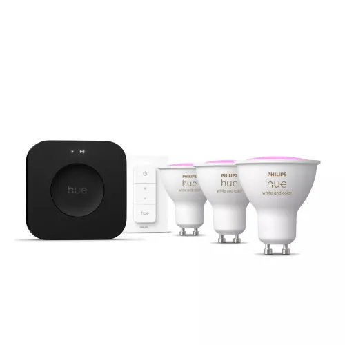 Philips Hue White & Color Ambiance Kit De Inicio: 3 Bombillas Gu10 + Regulador De Intensidad + Bridge Pro