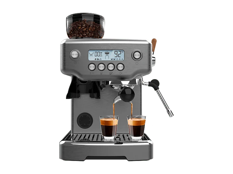 Cafetera express - Cecotec Power Espresso 20 Barista Steel & Grind, Bares, Molinillo integrado, Vaporizador, Doble Thermoblock, 2200 W, Plata
