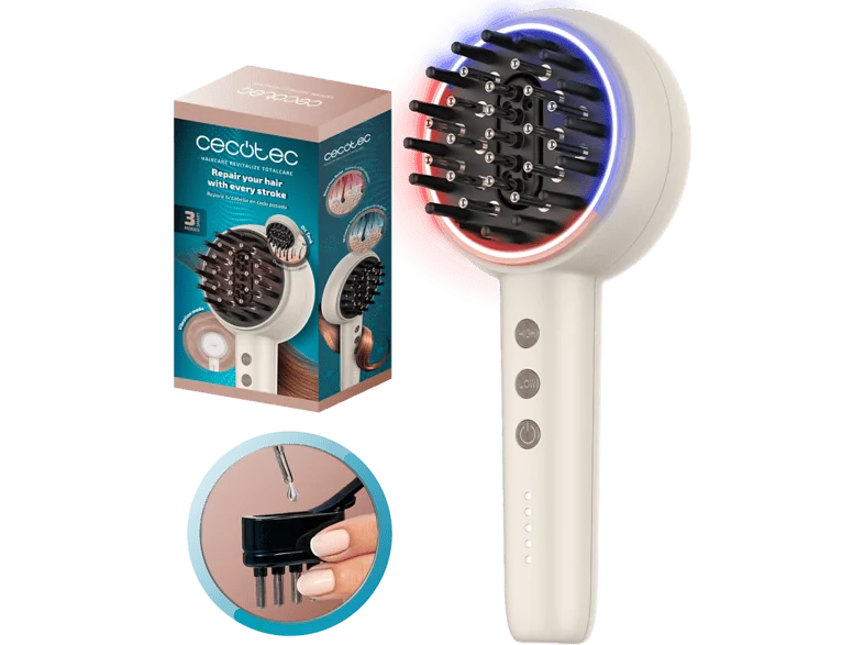 Cepillo alisador - Cecotec HairCare Revitalize TotalCare Elite, Microcorrientes EMS, Aplicador de sérum, 5 intensidades, 70 min autonomía, Crema