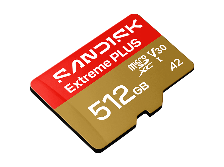 Tarjeta Micro SD - SANDISK Extreme PLUS, 512 GB, Hasta 250 MB/s de lectura, 5K y 4K UHD, V30, A2, U3, UHD-I, Adaptador SD, Oro