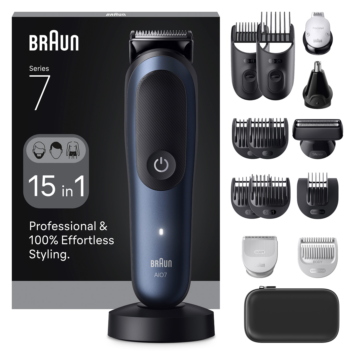 Afeitadora multifunción - Braun Recortadora todo en 1 Series 7 AIO7580, Kit De Styling 15 1, Lámina ProBlade, AutoSense, Wet& Dry, Azul