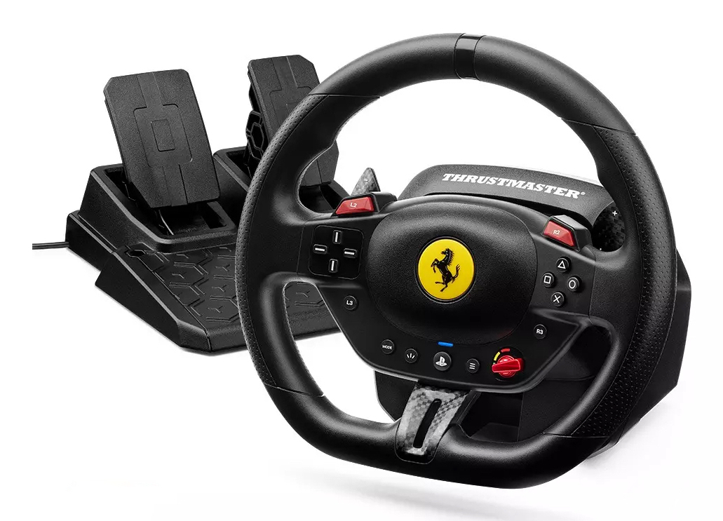 Volante - Thrustmaster T98 Ferrari 296 GTB Edition, PS5, PS4 y PC, Sistema Bungee Cord de Resistencia Lineal, Levas Magnéticas, Incluye Pedales