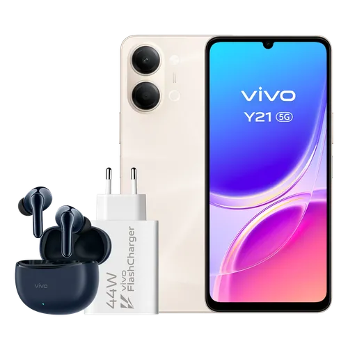 vivo Y21 5G, Champagne Gold, 256GB, 4GB RAM, 6.74" 1200 nit, MediaTek Dimensity 6300, 6500mAh + Auriculares TWS 3e Cargador FlashCharger 44W