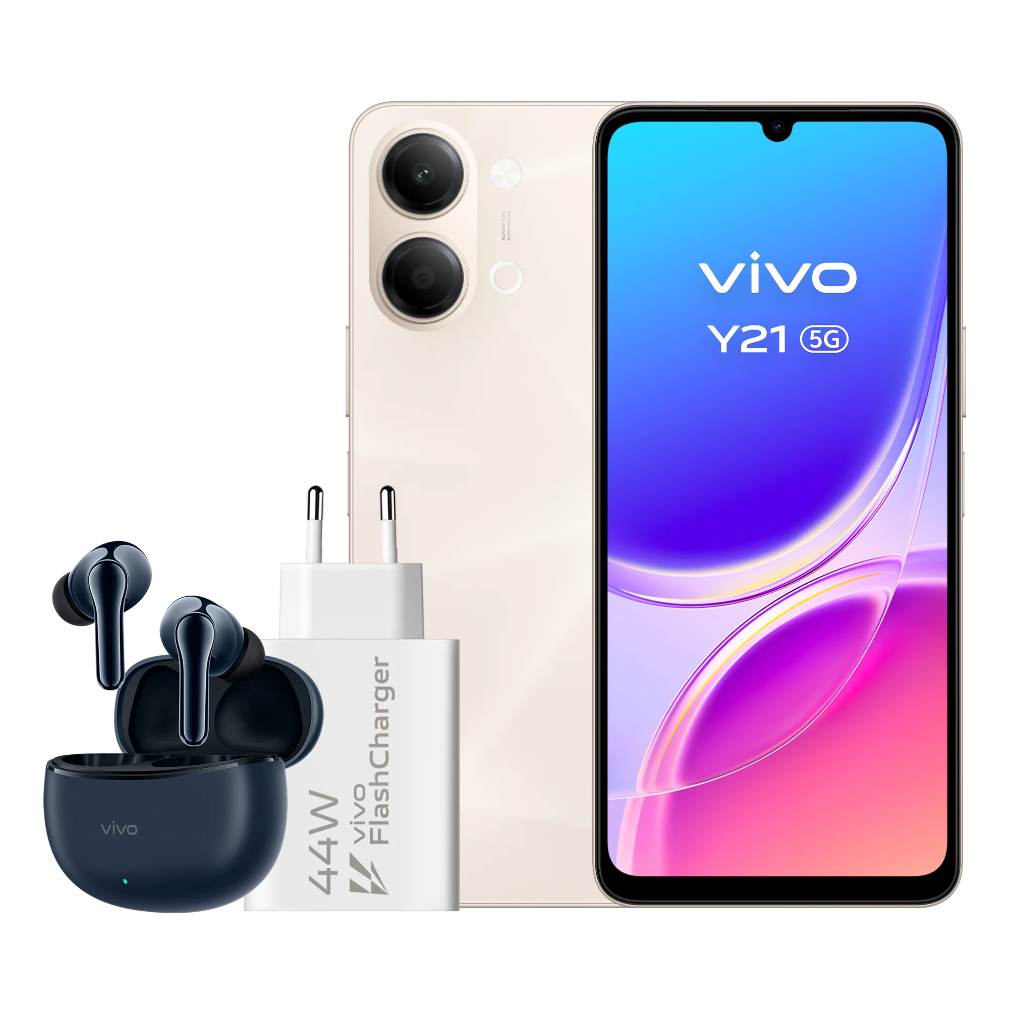 vivo Y21 5G, Champagne Gold, 256GB, 4GB RAM, 6.74" 1200 nit, MediaTek Dimensity 6300, 6500mAh + Auriculares TWS 3e Cargador FlashCharger 44W