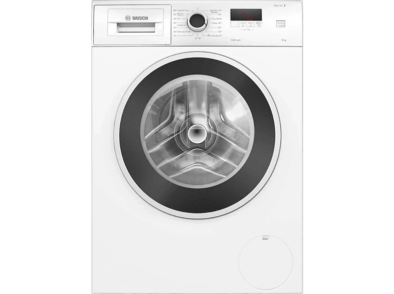 Lavadora carga frontal - Bosch WGE03200ES,Serie 2, 8 kg, 1.200 rpm, 13 programas, Higiene Plus, Motor EcoSilence, Blanco