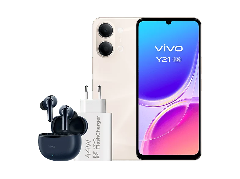 vivo Y21 5G, Champagne Gold, 256GB, 4GB RAM, 6.74" 1200 nit, MediaTek Dimensity 6300, 6500mAh + Auriculares TWS 3e Cargador FlashCharger 44W