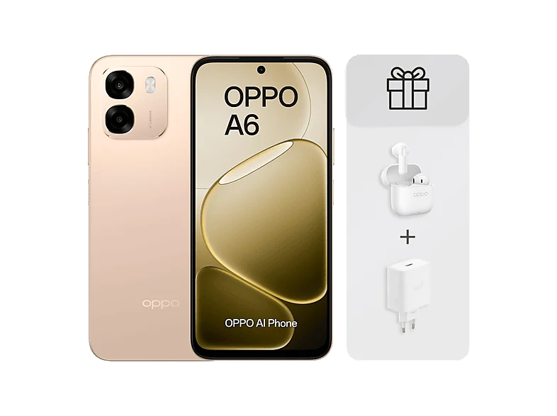 OPPO Bundle A6 4G, Aurora Gold, 256 GB, 6 GB RAM, 6.75" LCD, Qualcomm Snapdragon®685 (6nm), 6.500mAh, Incluye Cargador 45W y Auriculares