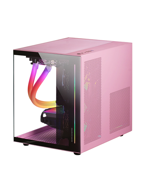 CAJA MICROATX MASR GAMING MC-VIEW BLACK/PINK FRONTAL Y LATERAL DE CRISTAL TEMPLADO CONTINUO DOBLE CAMARA SIN FUENTE NI VENTILADORES
