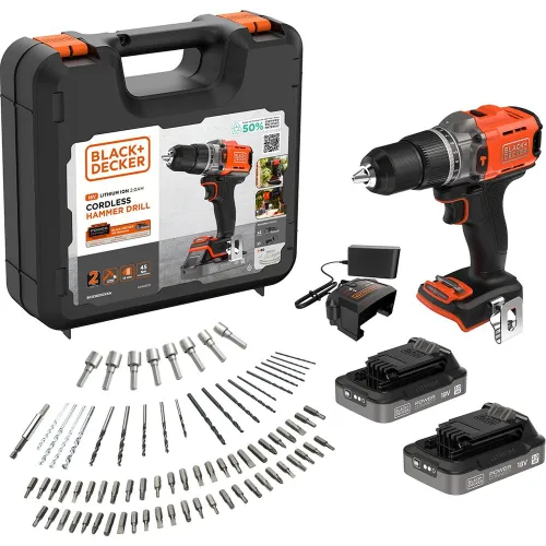 BLACK+DECKER - Taladro Percutor 18V + portabrocas, 80 accesorios, cargador y maletín.