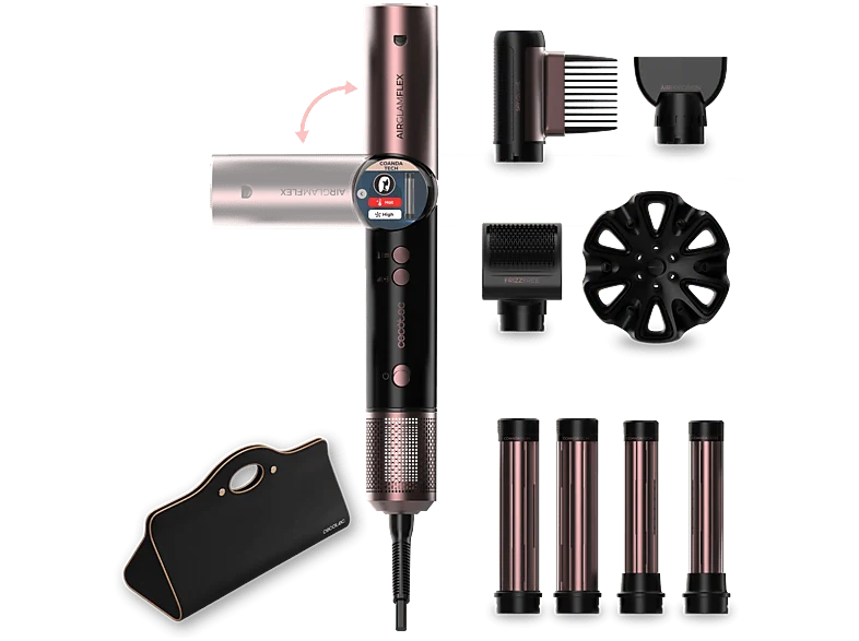 Moldeador - Cecotec AirGlisse 8in1 Flex Black, 8 accesorios, Mango plegable, Motor brushless 1400W, Tecnología iónica, Pantalla digital, Multicolor