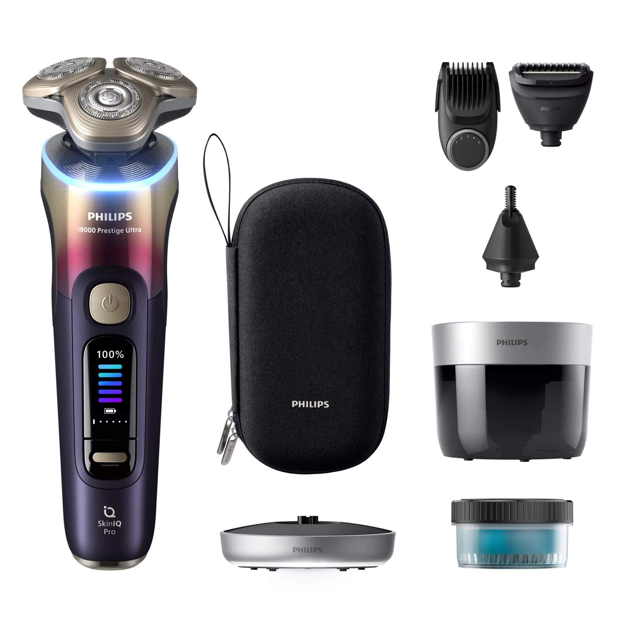 Afeitadora Philips i9000 Prestige Ultra XP9407/37, SkinIQ Pro, Hydro SkinGlide, Seco y Mojado, 60 min, Apurado, Moldeador Barba, Ciruela