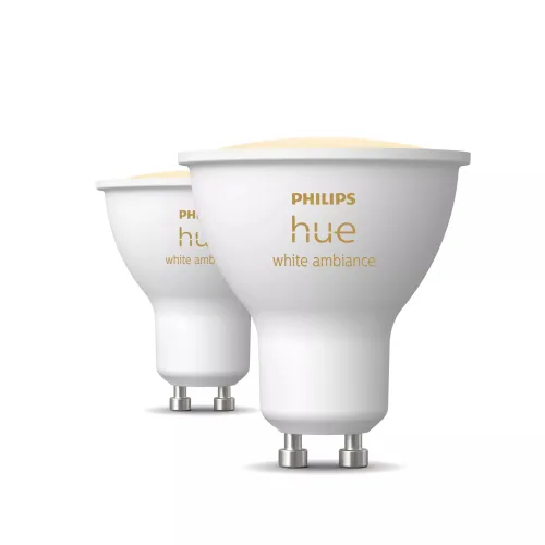Bombilla Inteligente - Philips Hue LED GU10, Blanco Regulable, 4.2W, 400lm, Zigbee+Bluetooth, Compatible Alexa, Google, Homekit, 2 bombillas