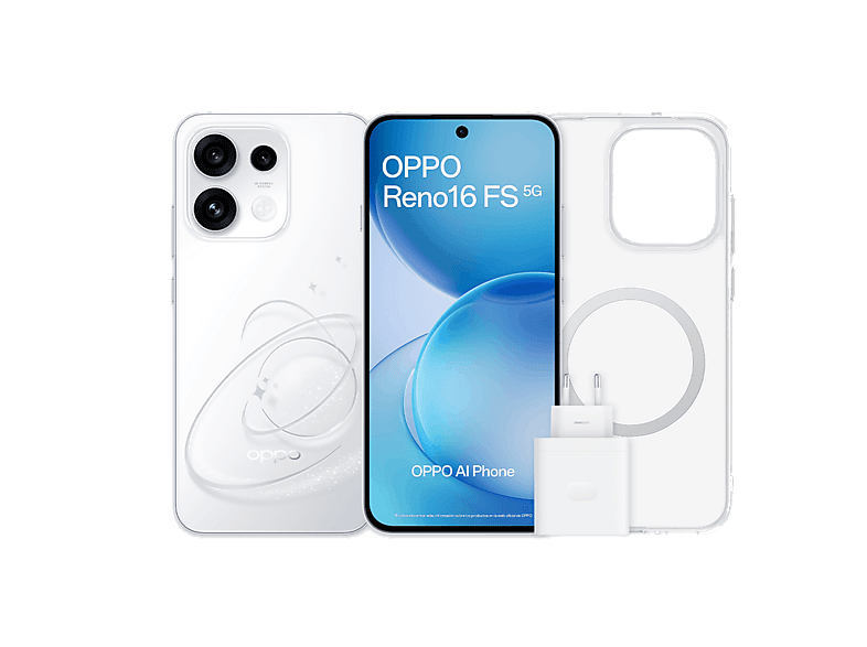 OPPO Bundle Reno16 FS, Blanco, 512 GB, 8 GB RAM, 6.57" AMOLED, Mediatek Dimensity 7300, 6500 mAh, Incluye Funda y Cargador