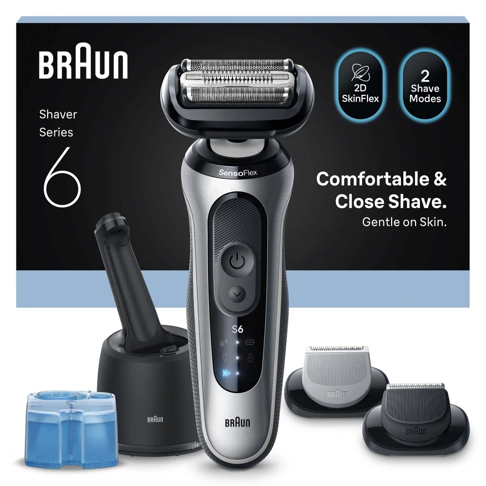 Afeitadora - Braun Eléctrica Series 6 62-S7650CC, Centro SmartCare, +2 Accesorios, 60 min autonomía, Afeitado en seco y mojado, Plata