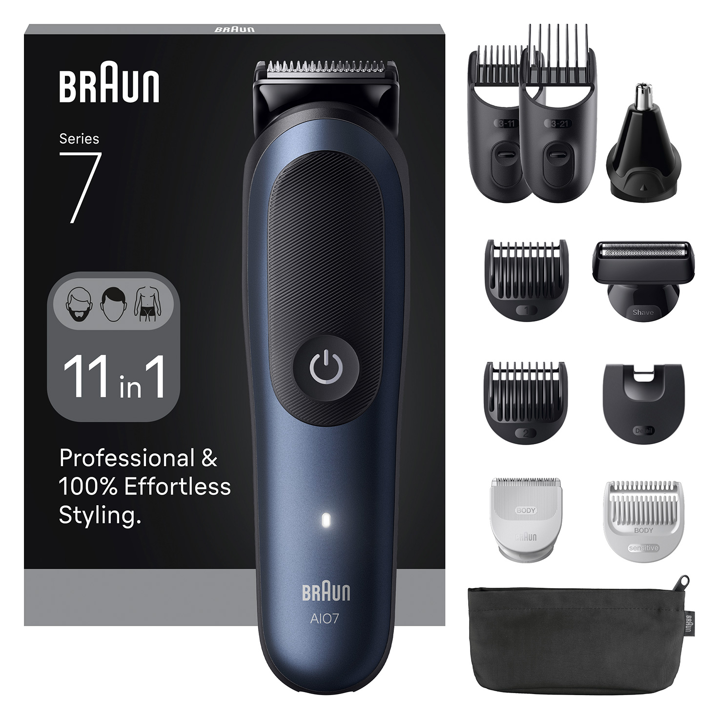 Afeitadora multifunción - Braun Recortadora todo en 1 Series 7 AIO7540, Kit De Styling 11 1, Lámina ProBlade, AutoSense, Wet& Dry, Azul