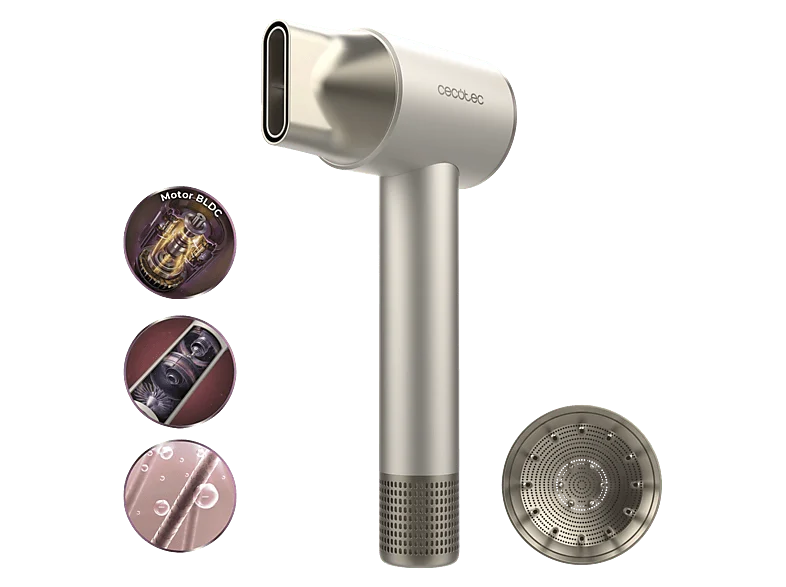 Secador - Cecotec DryGlam 2in1 Sensor Champagne, inteligente, Brushless 1400W, 110.000rpm, Iones, 2 velocidades, Champagne