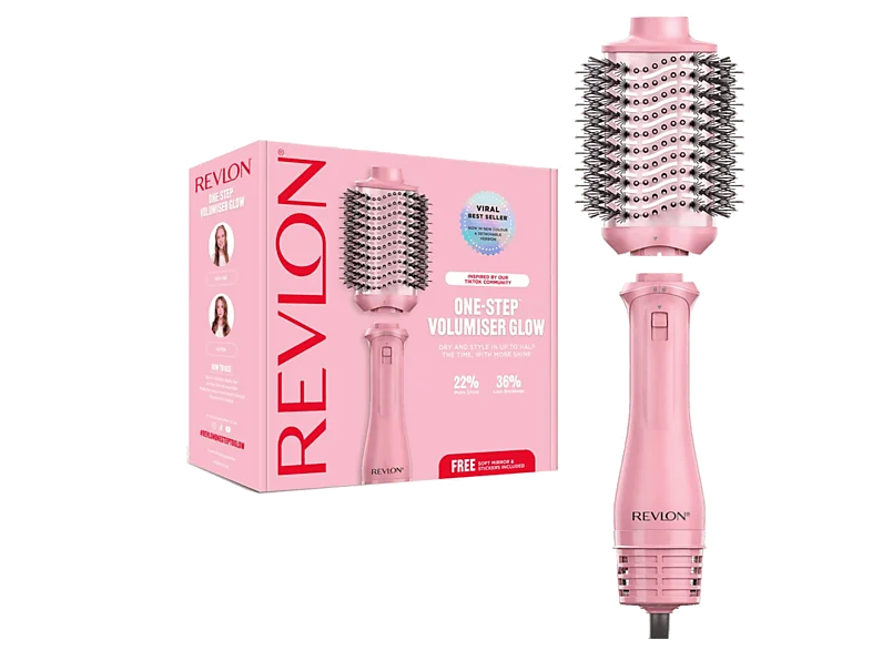 Moldeador - Revlon One Step Volumiser Glow, Tecnología iónica, 3 Niveles de Temperatura, 2 Velocidades, Cabezal desmontable, Rosa