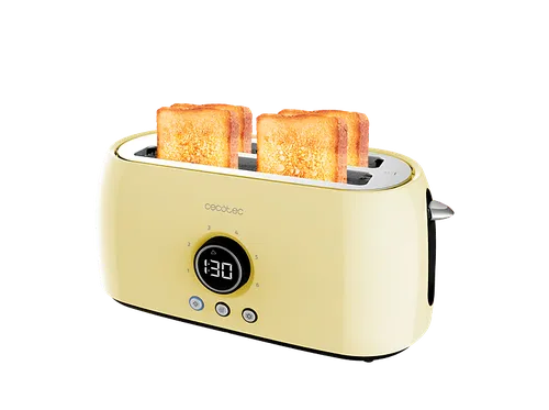 Tostadora - Cecotec Tostador Vertical Digital Classictoast 15000 Yellow Extra Double, Ranuras largas, 4 tostadas, 1500 W, Amarillo