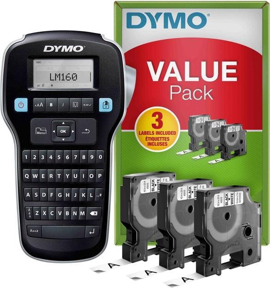 ROTULADORA LABERMANAGER 160 + 3 CINTAS D1 12MM NEGRO/BLANCO VALUE PACK DYMO 2142267