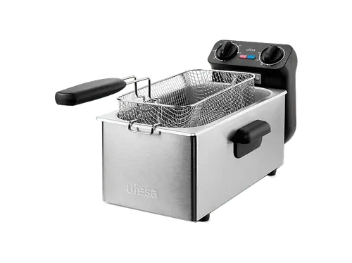 Freidora - Ufesa Crusty Fry 3000, 2000W, 3L, Termostato ajustable de 130 a 190°C, Temporizador hasta 60min, Inox/Negro